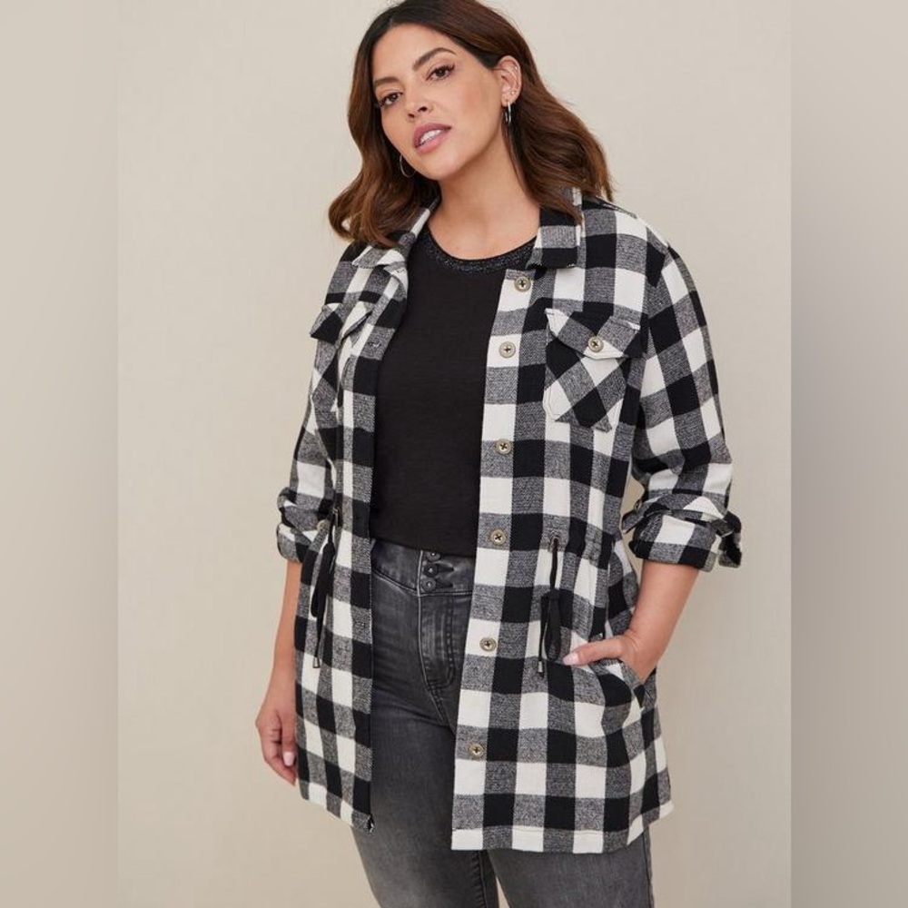 Torrid Black White Plaid Brushed Cotton Button Front Heavy Shacket Top Size M